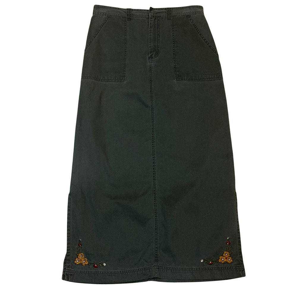 Vintage White Stag Green Embroidered Cotton Maxi Skirt 8 Cottaecore Granola Girl